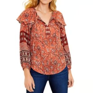 LOFT Size Large Petite Bohemian Orange Red Floral Long Flutter Sleeve Blouse